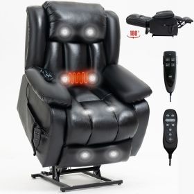 Dual Motor Infinite Position Up to 350 LBS Electric Medium size Genuine Leather Black Power Lift Recliner Chair with 8-Point Vibration Massage an