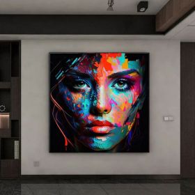 Colorful Woman Hand Painted Oil Painting Woman Face Wall Art Painting Female Face Poster Abstract Download Home Decor Girl Portrait AI Art Midjou (Style: 01, size: 100x100cm)
