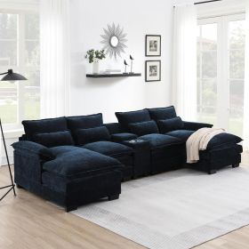 123*55"Modern U-shaped Sectional Sofa with Console,Cup Holders and USB Charger,6 Seat Upholstered Symmetrical Indoor Furniture (Color: as Pic)